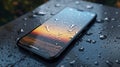 Smartphone in waterdrops waterproof phone. Generative AI Royalty Free Stock Photo