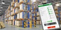 Smartphone and watrehouse. Warehousing, storage, logistic and online shopping concept