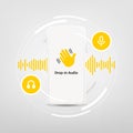 Smartphone with waving hand, text Drop-in audio and microphone. Audio chat social network application on a mobile phone.