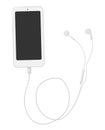 A smartphone with wired earphones with a blank screen. A phone, electronic device with empty space for text. Top view Royalty Free Stock Photo