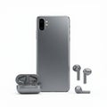 Smartphone and wireless earbuds ensemble displayed on a white background. Royalty Free Stock Photo
