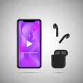 Vilnius, Lithuania - July, 2020: IPhone Pro with wireless earphone AirPods and music note Vector illustration.