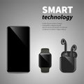 Smartphone, wireless headphones and smart watches on gray background. Modern smart technology and communications