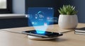 Smartphone wirelessly charging displaying battery status and notifications on a desk top Royalty Free Stock Photo