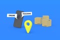 Smartphone with words online tracking near cardboard boxes and sign of geolocation, gps