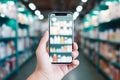 A smartphones blank screen held over medicine shelves in a pharmacy