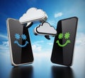 Smartphones with cloud shaped speech balloons. 3D illustration