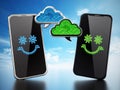 Smartphones with cloud shaped speech balloons. 3D illustration