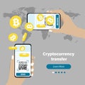 Smartphones with cryptocurrency transaction finance operation. Bitcoins send and receive between smartphones. vector illustration