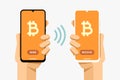 Smartphones with cryptocurrency transaction finance operation. Sending and receiving bitcoin. Vector concept illustration