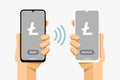 Smartphones with cryptocurrency transaction finance operation. Sending and receiving litecoin. Vector concept illustration