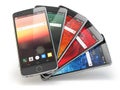 Smartphones with different screens on white. Mobile com