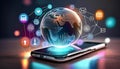 Smartphones display a holographic world surrounded by application icons and app usage Royalty Free Stock Photo