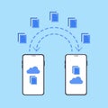 Smartphones file transfer. Data transmission, ftp files receiver and phone backup copy. Document sharing concept