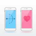 Smartphones with heart, bow and arrow. Valentine's day concept. Modern infographic template. Flat vector illustration.