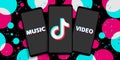 Smartphones with icons of the popular social media TikTok on a modern background. LOGO, VIDEO, MUSIC