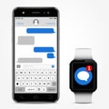 Smartphones with messaging sms chat on screen and smart watch with sms app