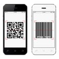Smartphones with QR and bar code on screen isolated on white background