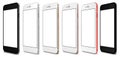 Smartphones red, gold, rose, silver, black and black polished - blank screen and isolated on white background, high resolution Royalty Free Stock Photo