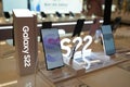 Smartphones Samsung Galaxy S22 and S22 ultra shown on display in electronic store. Minsk, Belarus - may, 2022 Royalty Free Stock Photo