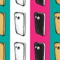 Smartphones seamless patterns. Electronic devices. Linear and silhouette mobile phones. Smartphone doodle vector