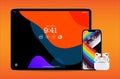 Smartphones, tablets, and earphones with coloured screen savers isolated on orange background.Mockup of realistic and detailed dev
