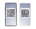 Smartphones template with qr on screen. Phone white and black, bar code for payment on self identification. Dataset