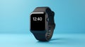 Smartwatch with blank black screen on blue background, close up view Royalty Free Stock Photo
