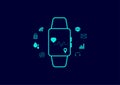 Smartwatch concept. Electronic intelligence watch with health, communication, wifi, network icon on blue background