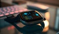Smartwatch on Desk with Keyboard Displaying Notifications and Data Royalty Free Stock Photo