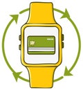 Smartwatch displaying a credit card with circular arrows symbolizing contactless payment and transaction process Royalty Free Stock Photo