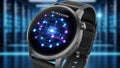 Smartwatch displaying 3d edge computing network with on-processing indicator Royalty Free Stock Photo