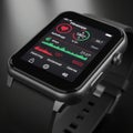A smartwatch displaying a fitness app interface. The black rectangular watch screen