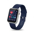 Smartwatch featuring a rectangular display with a silver casing and a blue wristband.