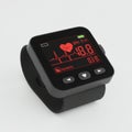 Smartwatch featuring a square black case and strap with a digital display. The screen