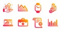 Smartwatch, First aid and Analysis graph icons set. Graph laptop, 3d chart and Technical documentation signs. Vector