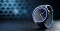 A smartwatch with a glowing display and blue band sits on a dark surface, surrounded by hexagonal patterns in the background Royalty Free Stock Photo