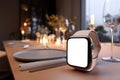 Smartwatch Mockup on Table at Elegant Dinner Setting Royalty Free Stock Photo