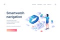 Smartwatch navigation. Landing page template. Woman uses map navigation app in smartwatches. Isometric vector