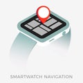 Smartwatch navigation with map, route and pin on the watch screen. Wearable smart GPS tracker concept. 3D isometric vector icon