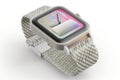 A smartwatch with a pearlescent white finish and a woven band, featuring Royalty Free Stock Photo