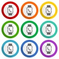 Smartwatch, phone call vector icons, set of colorful flat design buttons for webdesign and mobile applications Royalty Free Stock Photo