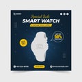 Smartwatch product post. Watch social media template. Smartwatch special sale offer banner. Clock business mega sale offer
