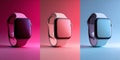 A smartwatch with a rectangular display and rounded corners, available in various colors including pink, white, blue, purple, red Royalty Free Stock Photo