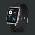 Smartwatch with a rectangular touchscreen display set in a silver casing. The screen