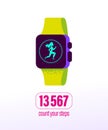 Smart watch with count your steps concept and human woman figure silhouette running on its tiuch screen.