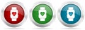 Smartwatch, smart watch, fitness vector icon set. Red, blue and green silver metallic web buttons with chrome border