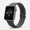 Smartwatch with a square, black touchscreen face displaying a digital clock with