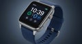 Smartwatch with a square, metal bezel featuring a digital display showing time