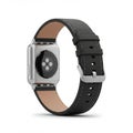 Smartwatch with a square silver case and a sensor array on the back. Features a